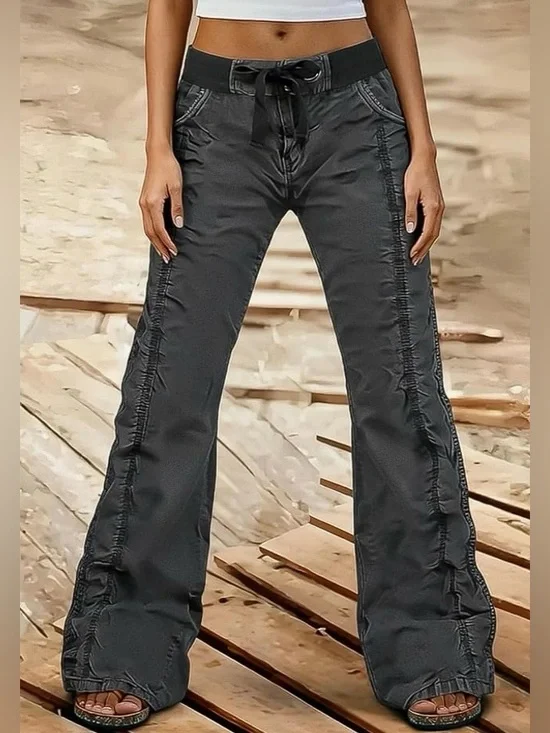 Flamingals Solid Stitch Detail Drawstring Mid Rise Straight Leg Cargo XS NWT - Picture 3 of 8